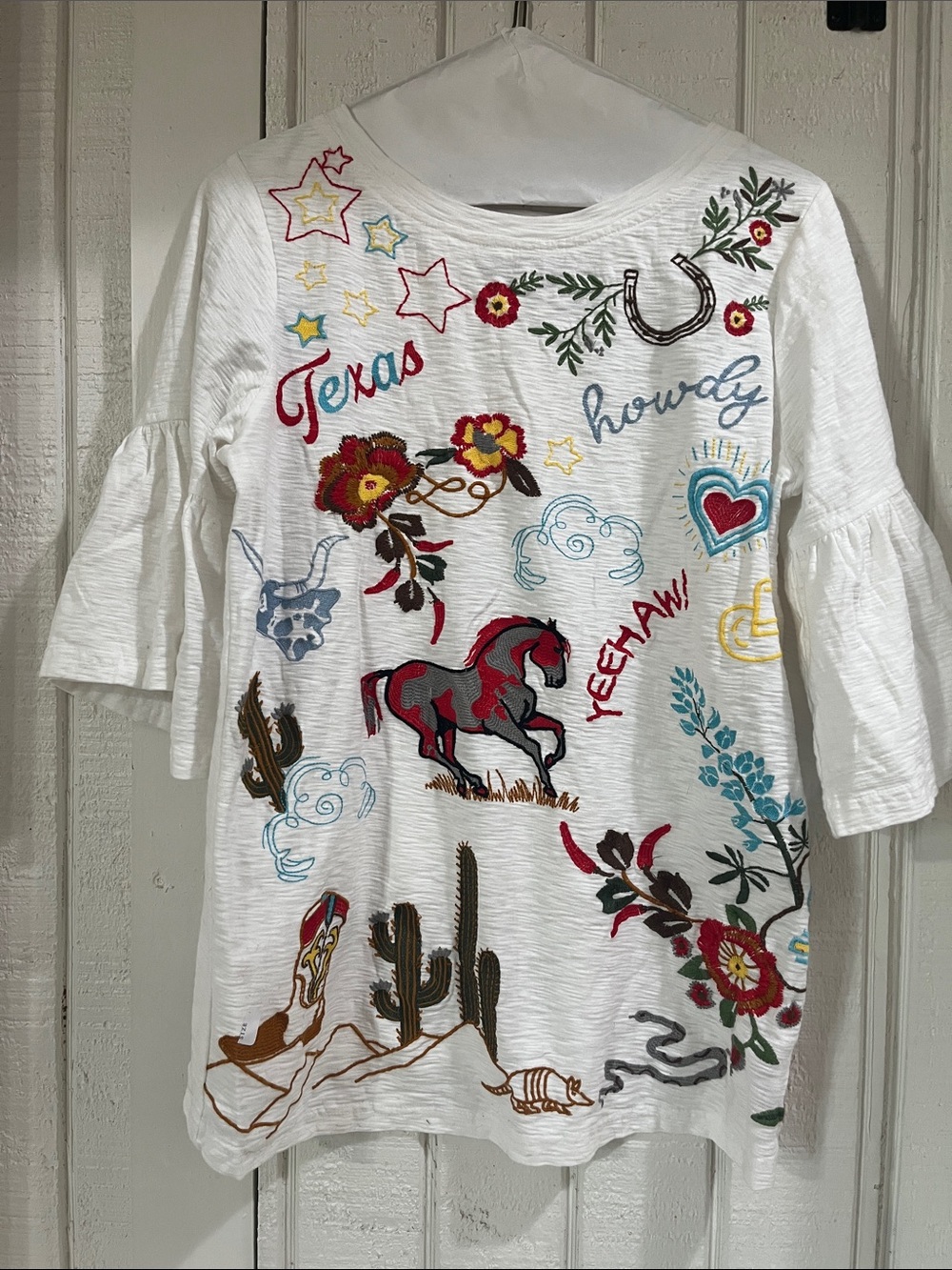 White Embroidered Texas Bell Sleeve heavy cotton T-shirt top Sz S, fits like a M